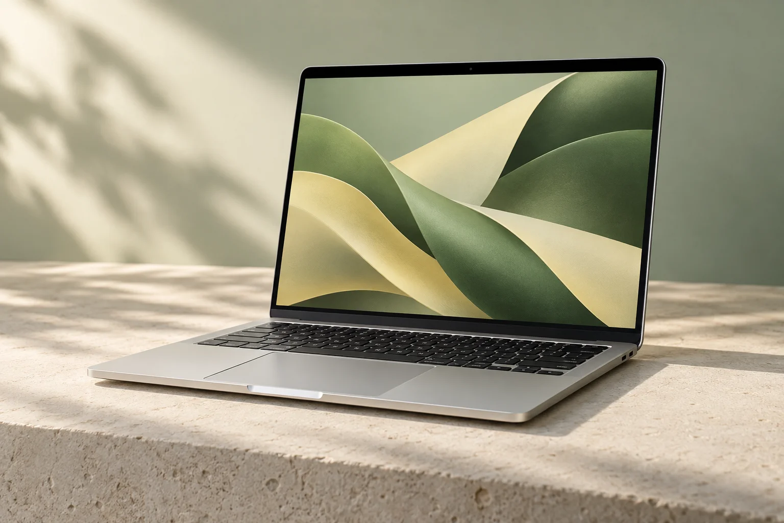 Conceptual studio image of a silver laptop in soft California-inspired light
